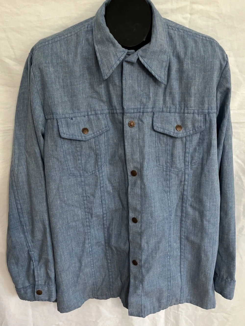 Men's Vintage Size L Blue Sears Western Wear Snap Button Down Shirt Flap Pockets
